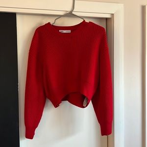 Red Zara sweater, a little cropped